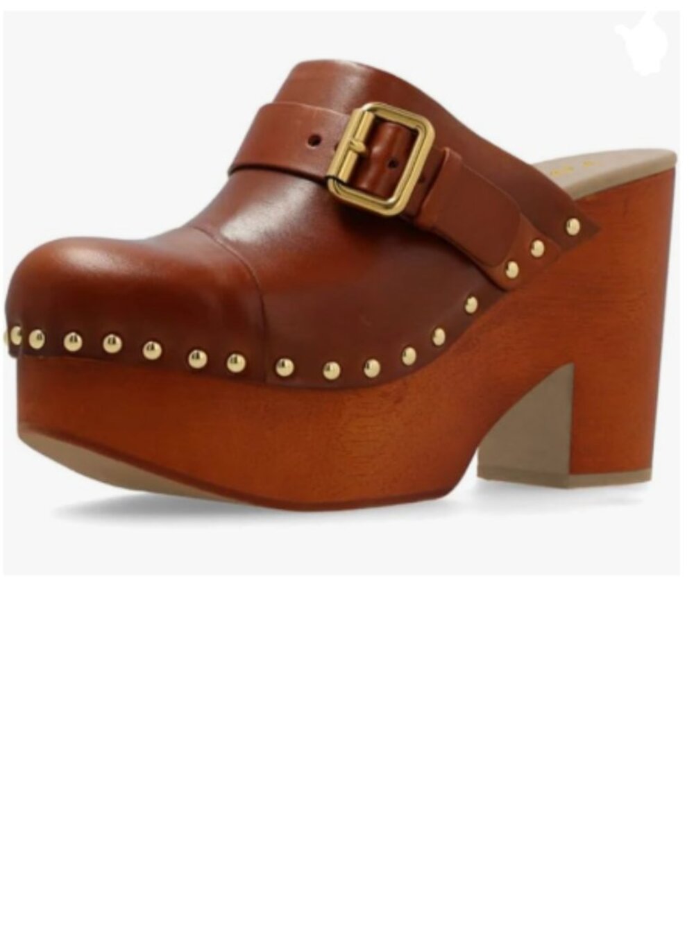 YDN Brown Platform Round Toe Mules Rivet Studded Chunky Heels Buckled Strap Shoe